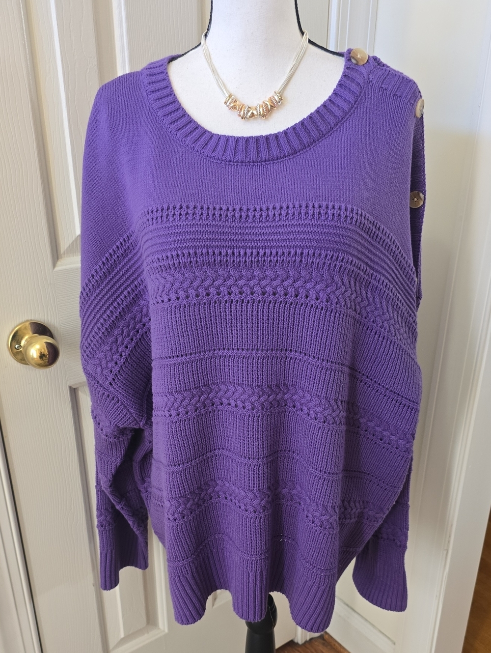 St. John's Bay Womens Plus Purple Crewneck Sweater Shoulder Buttons Size XXL